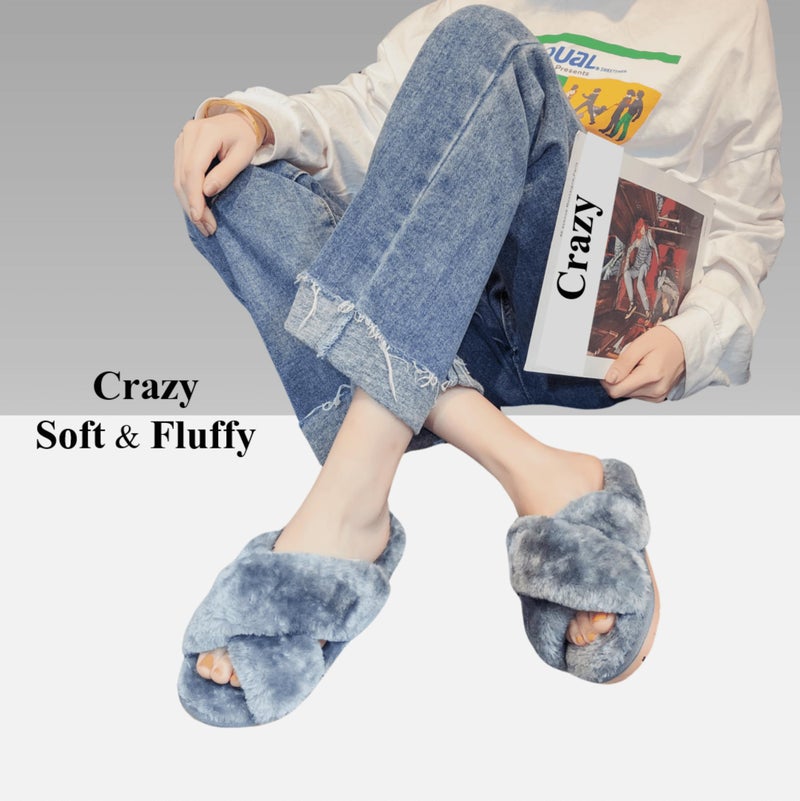 Crazy Lady Women's Fuzzy Fluffy House Slippers Cute Plush Memory Foam Shoes Cross Band Indoor Outdoor Open Toe Sandals(06/Grey, 8.5-9.5) - Image 2